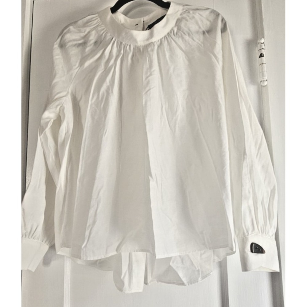 NWT Zara long sleeve blouse gathered neckline back dark wooden button down M